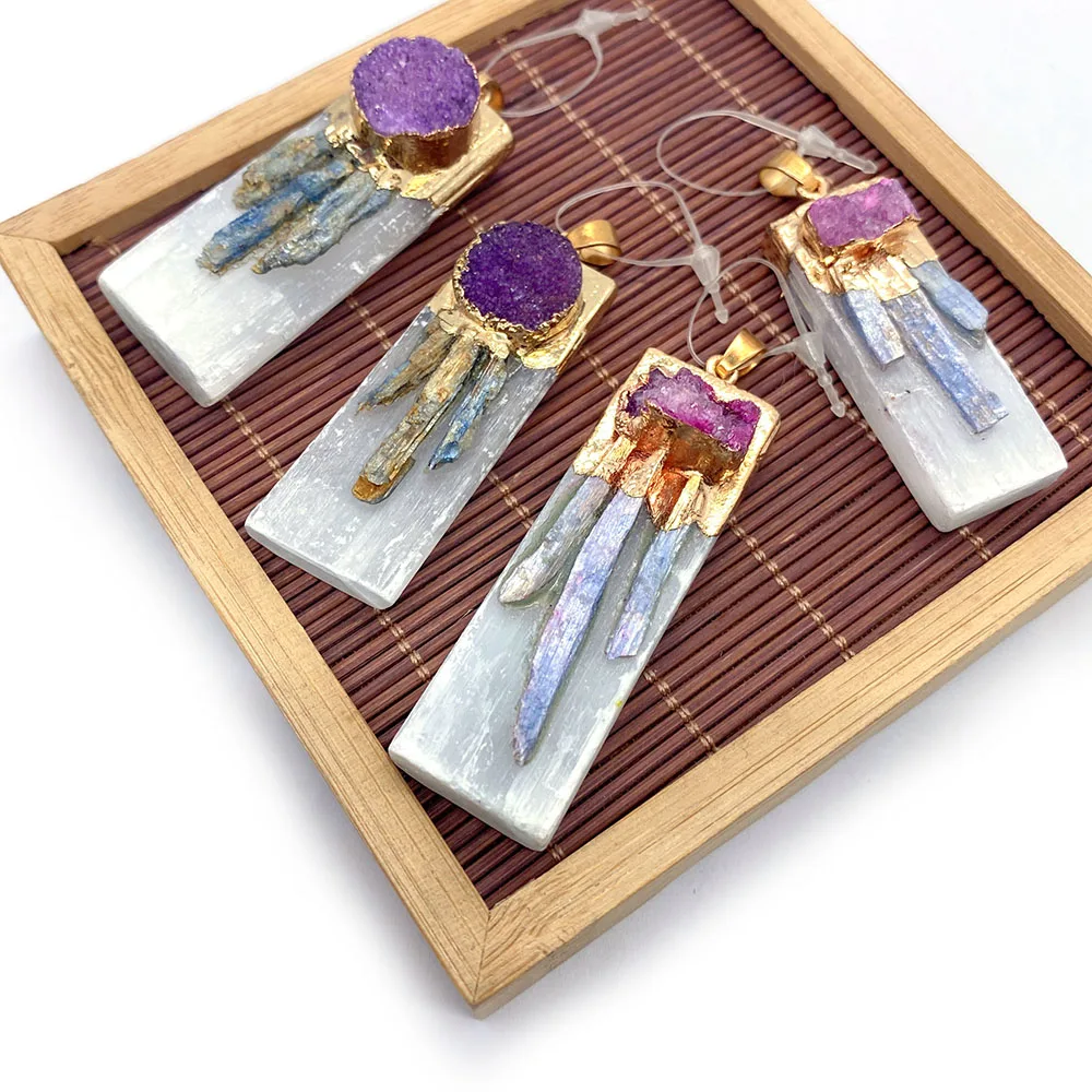 

Natural Stone Crystal Pendant Color Tassel Rectangular Reiki Healing Stone Necklace Exquisite Lady DIY Jewelry Accessories