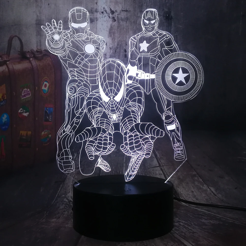 С рисунком «мстители» от Marvel Comics Железный человек Человек-паук Капитан Америка 3D светодиодный ночной Светильник детские игрушки Рождественский подарок настольная лампа Украшения в спальню