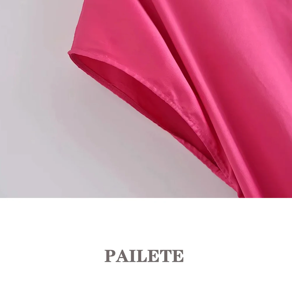 

2021 Women Fashion Casual rose Red satin mini dress O-neck sleeveless Loose Asymmetry pleated short dresses