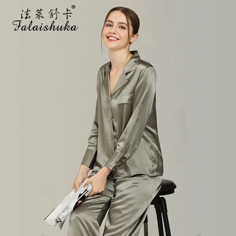 Women's Silk Pajamas Set Solid Color 2021 Summer Spring Full length Sleeve Sleepwear Home Wears
