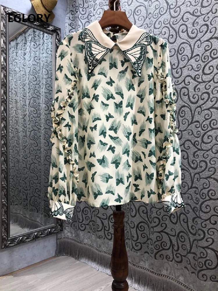 

100%Silk Women's Blouses 2021 Spring Summer Tops Ladies Turn-down Collar Butterfly Patterns Long Sleeve Casual Pink Green Tops