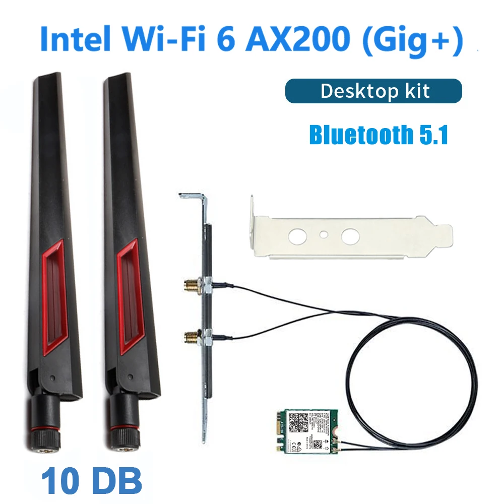 Dual band 3000Mbps Intel AX200 WiFi 6 Card M.2 Desktop Kit 2.4G/5G Bluetooth 5.1 802.11ax AX200NGW Wireless Adapter 10DB Antenna |