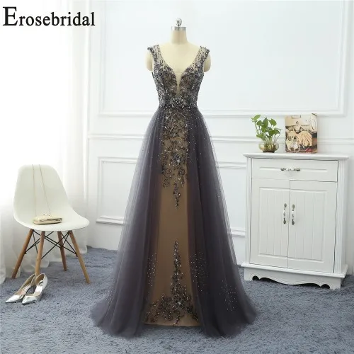 GREY Sleeveless Erosebridal платья с длинным рукавом для особых случаев для женщин вечернее платье Длинные официальные платья вечерние платья тюль ткань с бисером - Цвет: GREY Sleeveless