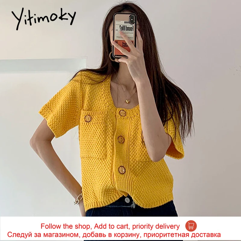 

Yitimoky Simple Cardigan Women Hollow Out O-Neck Short Sleeve Summer Korean Single Breasted Multi-pocket Out Wear Knitted Tops