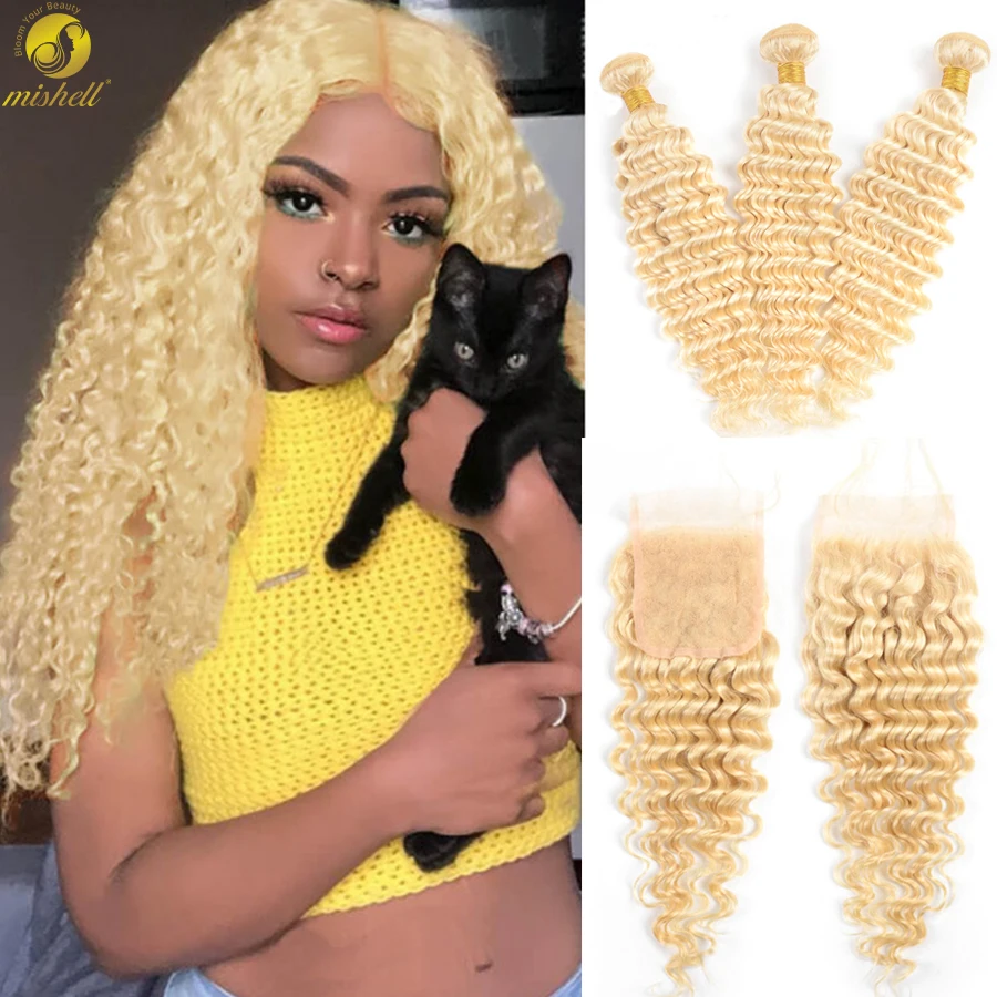 

Mishell 613 Deep Wave Honey Blonde Bundles With Lace Closure Brazilian Remy Human Hair 613 Transparent Frontal Curly Weave Weft