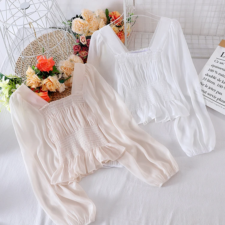 Женская Базовая рубашка с рукавами фонариками и квадратным воротником