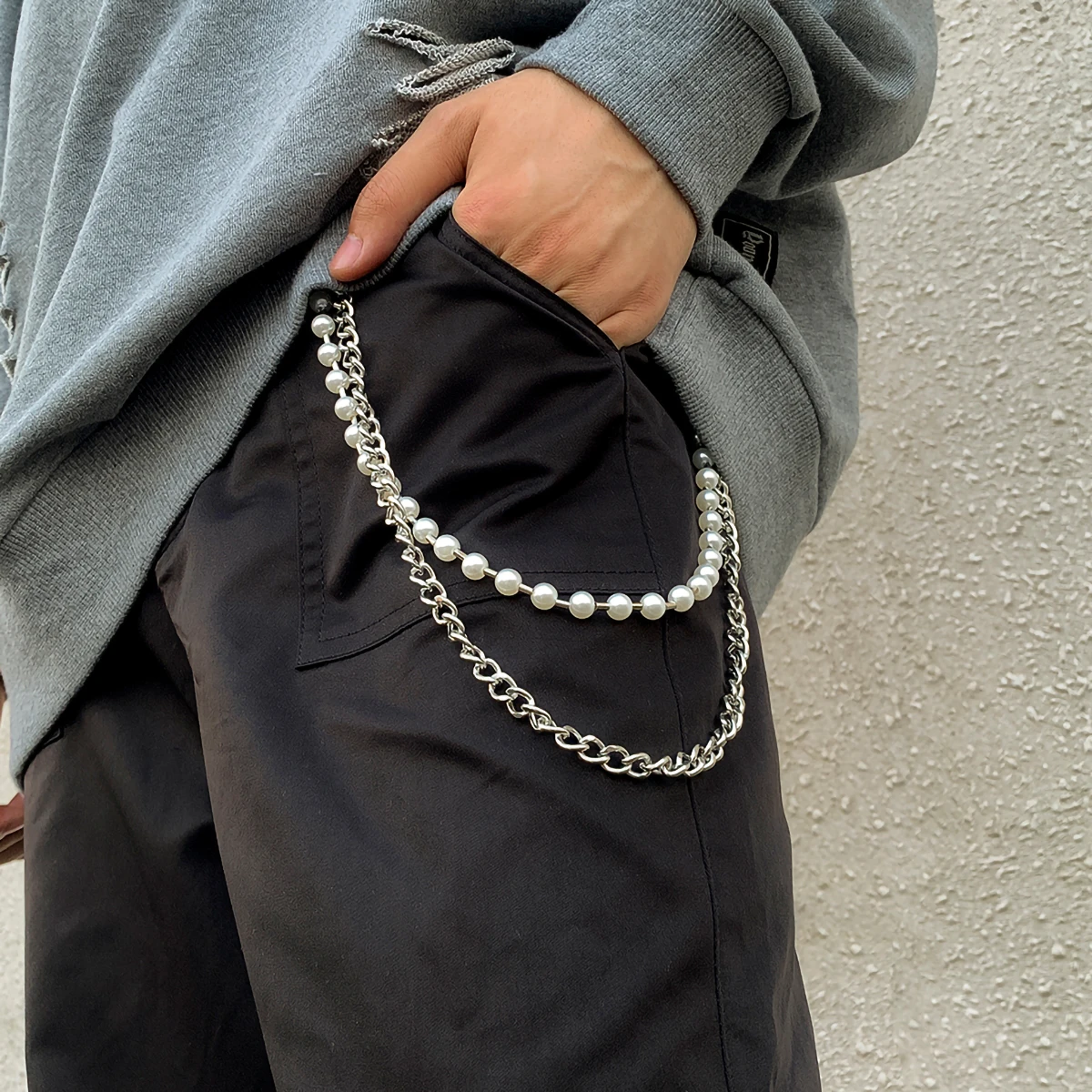 

IngeSight.Z Titanium Steel Silver Color Chunky Thick Curb Cuban Key Chain Double Layered Imitation Pearl Waist Pants Jewelry
