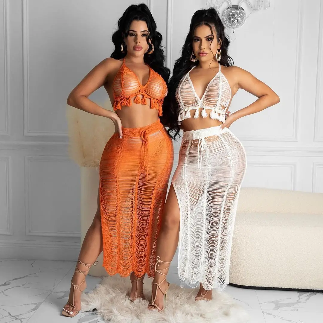 

Summer women's sexy perspective tassel knitted beach skirt suit