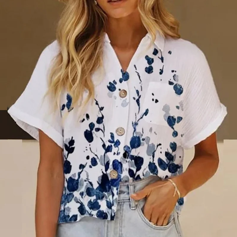 

Spring Single Breasted Button Women Tops and Blouses Summer Short Sleeve Loose Shirt Elegant Turn-down Collar Office Ladies Tops