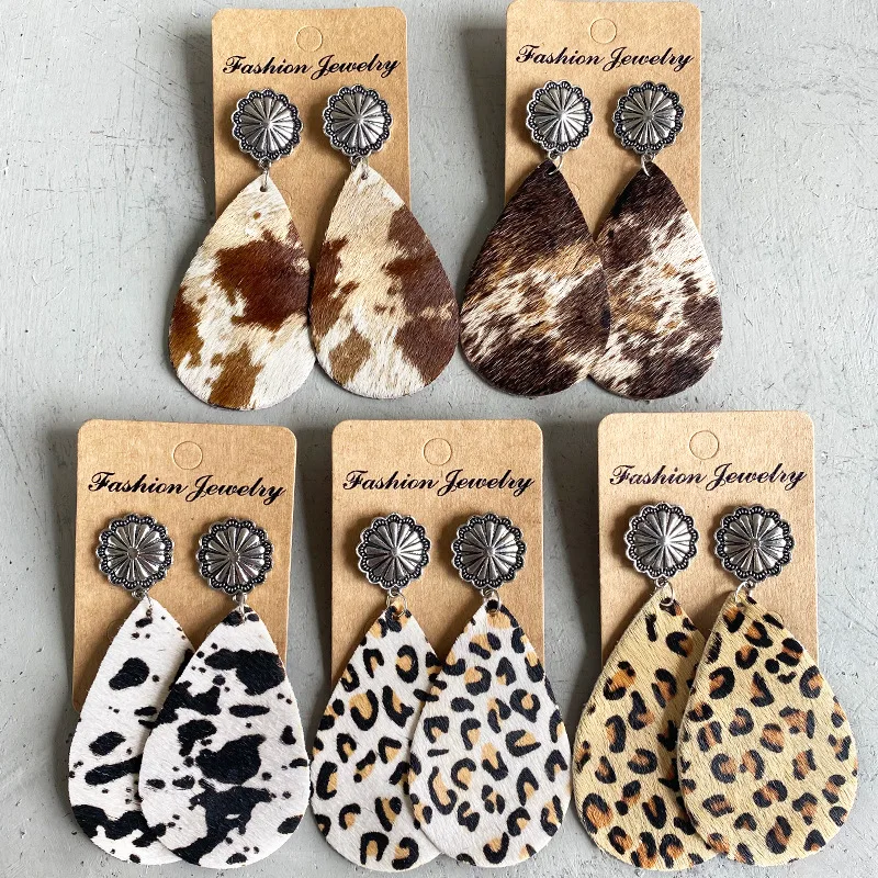 

Cowhide Leather Teardrop Drop Earrings Mother Day Jewelry Gift