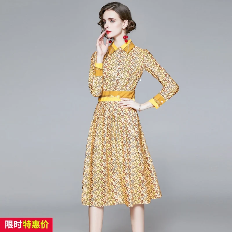 

Discount store mall women's tail goods clearance polo collar long simple hem fold big swing skirt women dress