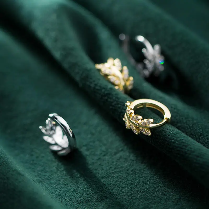 

PONYKISS 100% 925 Sterling Silver Zircon Tree Leaf Hoop Earrings Party Delicate Elegant Earrings Accessory Girl Simple Fine Gift