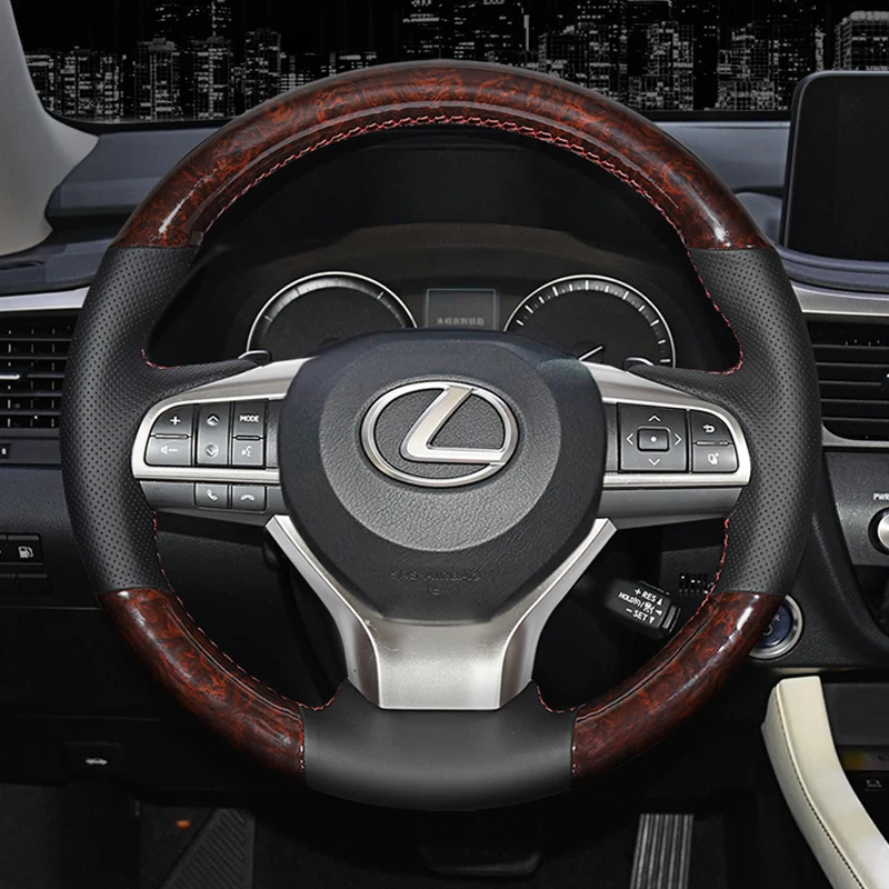 

For Lexus ES200 NX200 RX300 ES300h UX DIY hand-stitched mahogany leather car steering wheel cover