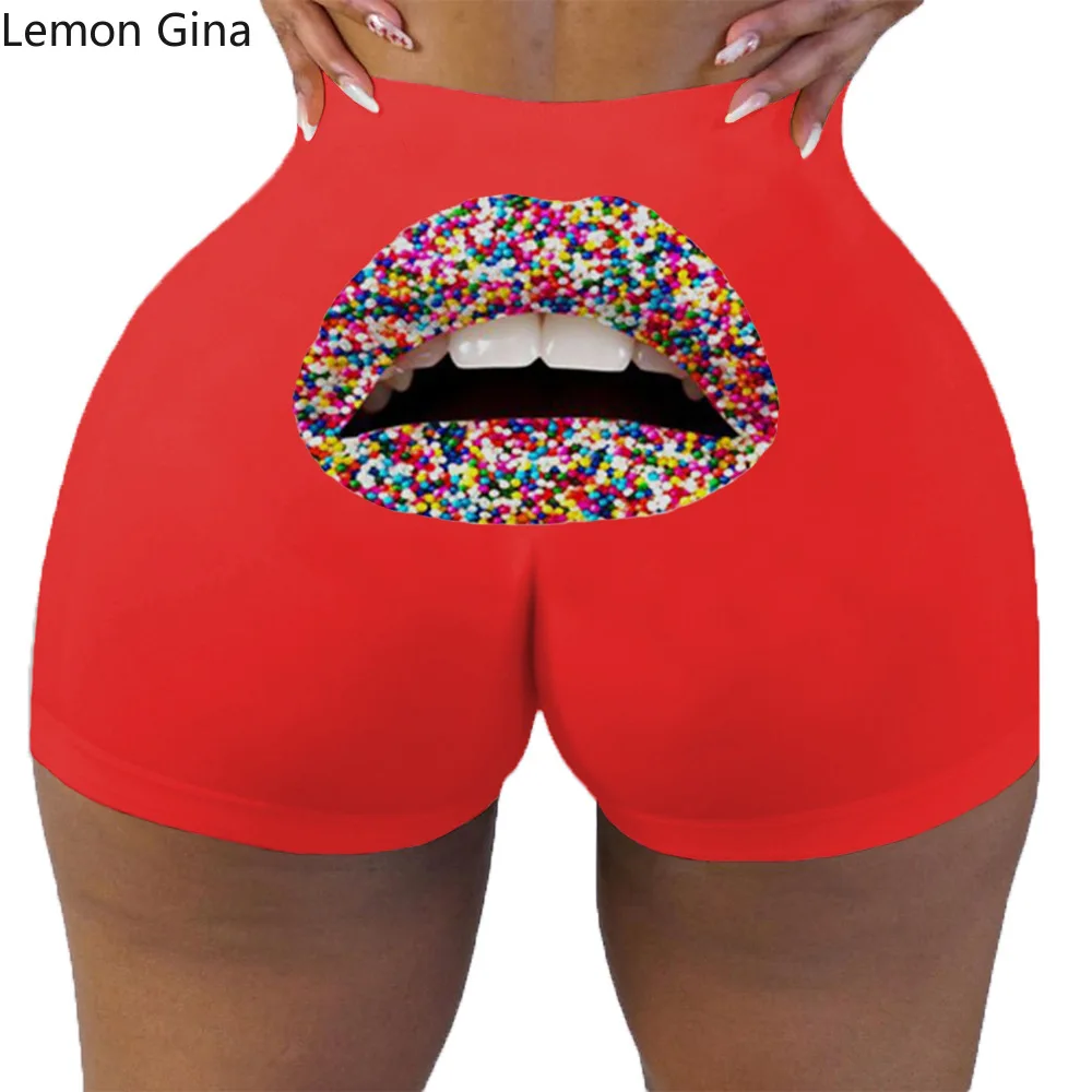 Женские облегающие шорты Lemon Gina с принтом губ и высокой талией обтягивающие