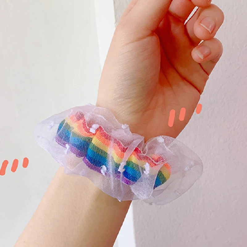 

Korea Women Elastic Kawaii Lace Hair Bands Tie Girls Mesh Scrunchie Ponytail Transparent Rainbow Hair Accessories Headwear