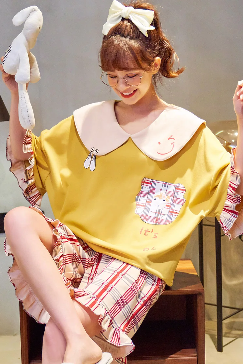 

Korean Kawaii Doll Collar Ruffle Women Short Sleeve Pajamas Set Summer Cotton Home Plus Size Lattice Cartoon Women Sleep
