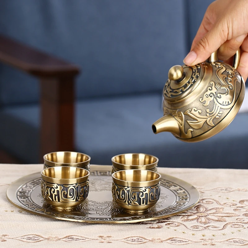 

Carved Tea Set of 6 Chinese Metal Vintage Creative Home Decoration Crafts