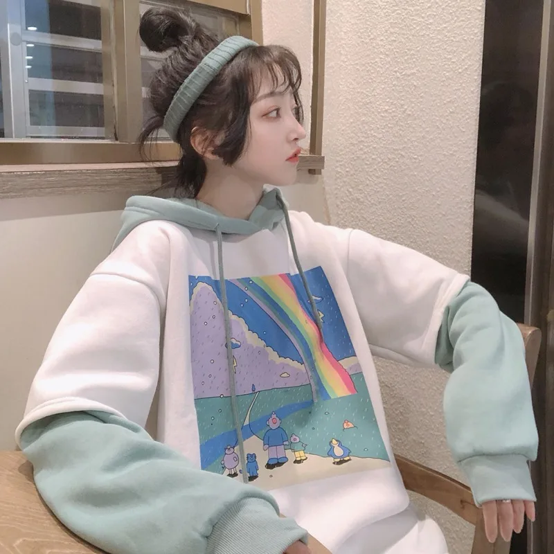 Average Size Hoodies Print Rainbow Sweatshirts Hooded Harajuku Spring Casual Vintage Korean Pullovers Women Sweetshirts