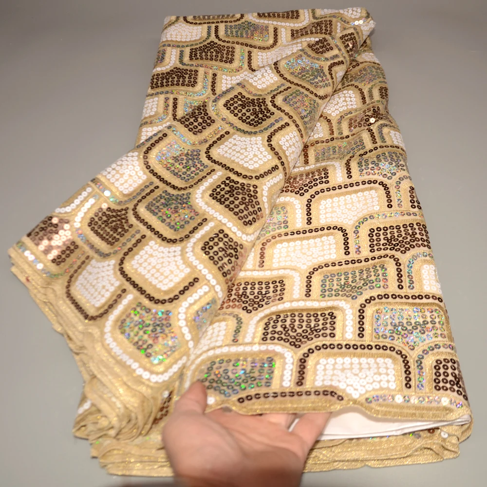 

Gold Sequins African Lace Fabric 2022 New Design Nigerian French Tulle Laces Fabrics Sequence Net Lace Fabric for Wedding