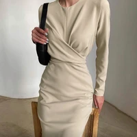 autumn winter elegant vintage kink design casual womens dresses solid%c2%a0round neck%c2%a0long sleeve office slim knee length dress 2021