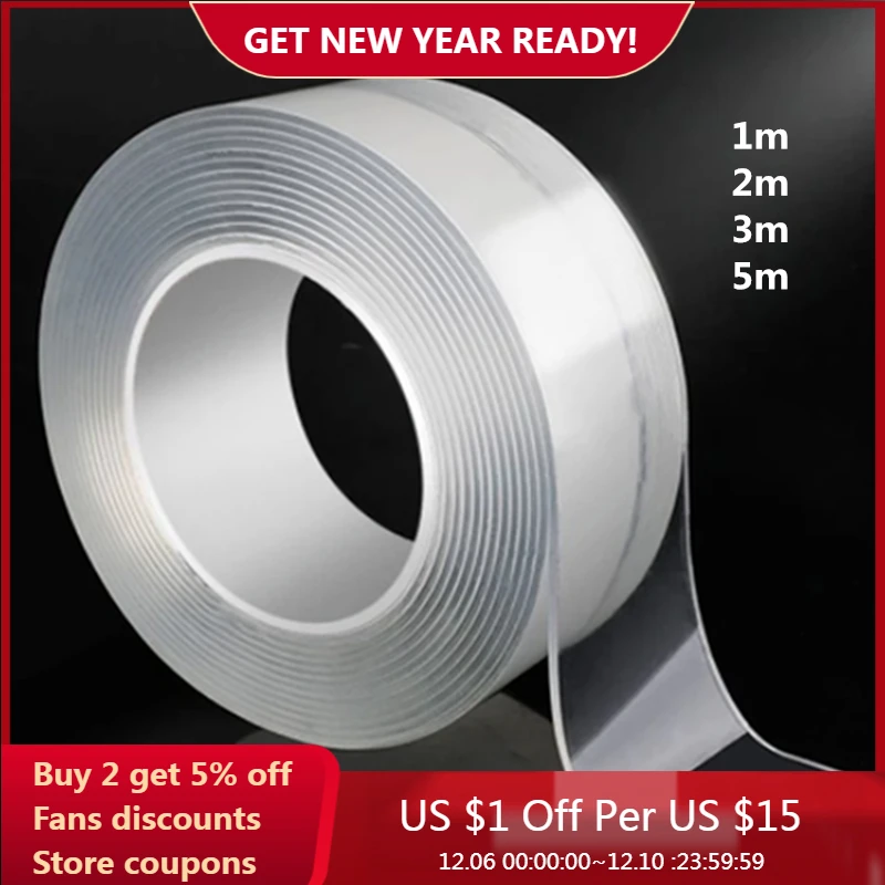 Двусторонняя клейкая лента прозрачная самоклеящаяся многоразовая прочная Лента