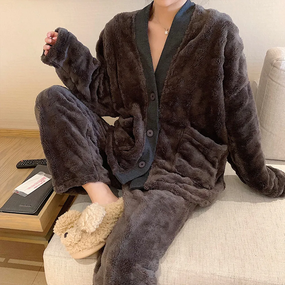 

Fdfklak New Beige/Brown 100% Flannel Vintage Solid Sleepwear Atoff Home Warm Velvet Nightwear Winter Thicken Pajamas Sets