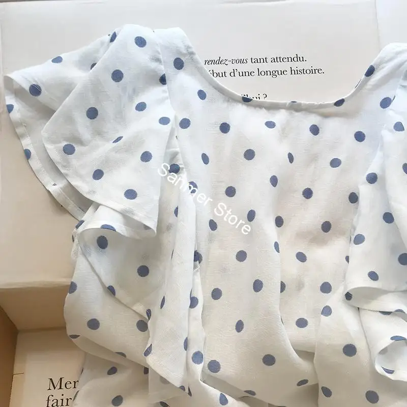 

Women Ruffles Sleeveless T-shirt Dot Print O-neck Sweet Vintage Backless Tops Spring Summer New