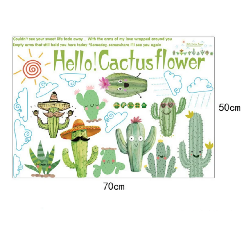 

Cactus Flower Smiley Wall Sticker For Shop Office Home Baseboard Decoration Pastoral Mural Art Green Plant Wall Decals