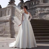 luojo vintage satin wedding dresses long sleeve v neck new lace top bridal dress robe de mariage plus size vestido de novia