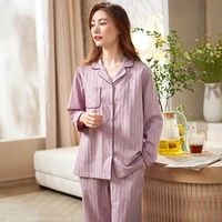 women woven full cotton pajama set long sleeve trousers pajamas button down purple sleepwear loungewear womens set pijamas mujer