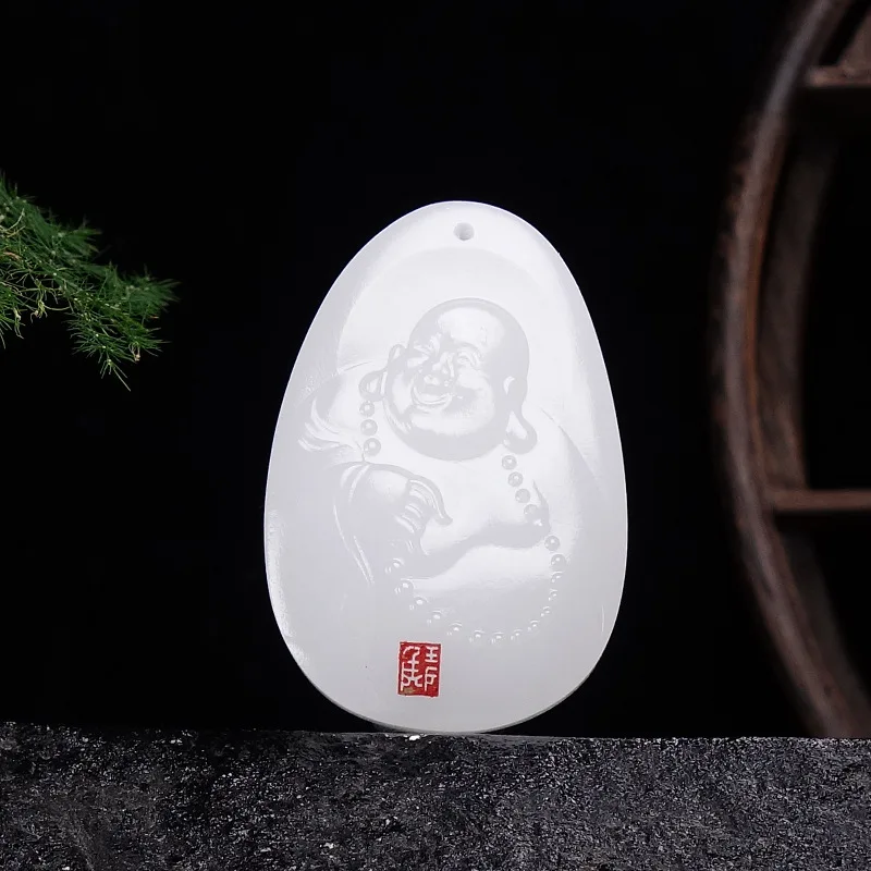 

Natural Chinese White Jade Hand Carved Maitreya Buddha Pendant Fashion Boutique Jewelry Men and Women Necklace Popular Gift