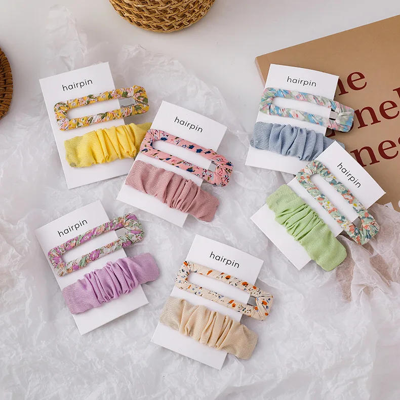 

2pcs Japan Korean New Cloth Print Flower Rectangle Hairpins For Women Girls Sweet Hair Accessories Grips Wholesale