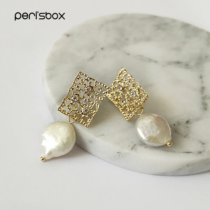 Peri'sBox сетчатые полые квадратные геометрические серьги Украшенные маленькие серьги из горного хрусталя для женщин натуральные пресноводные жемчужные серьги