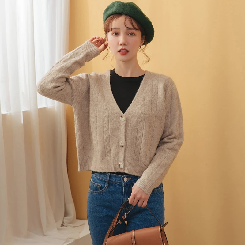 2019 Осень Зима Новый изогнутый шнур свитер пальто розовый зеленый корейский