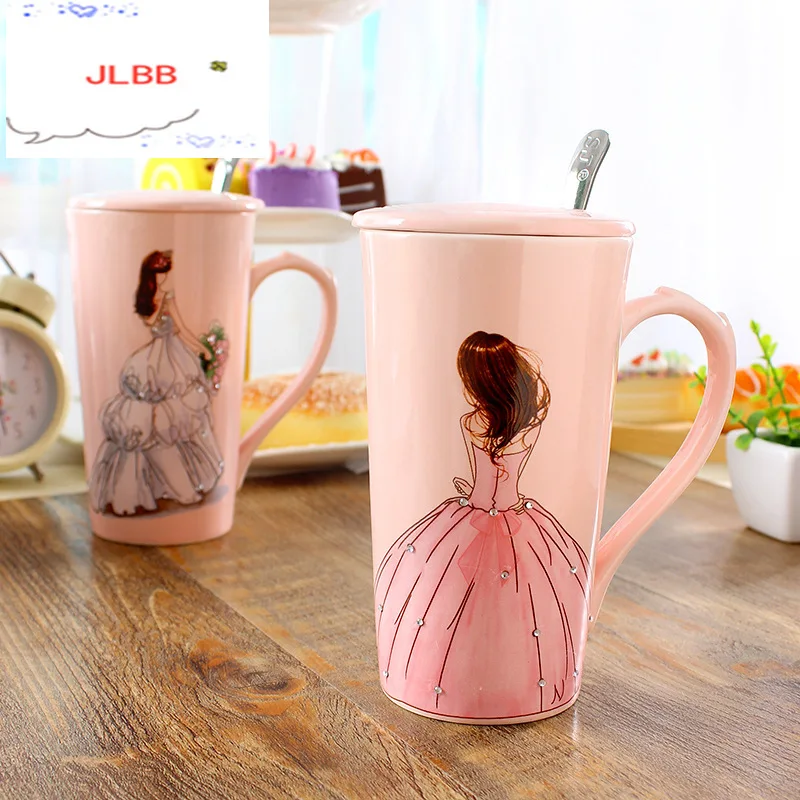 3D Розовый красивых девушек в свадебное платье со стразами Кофе кружка с ложкой