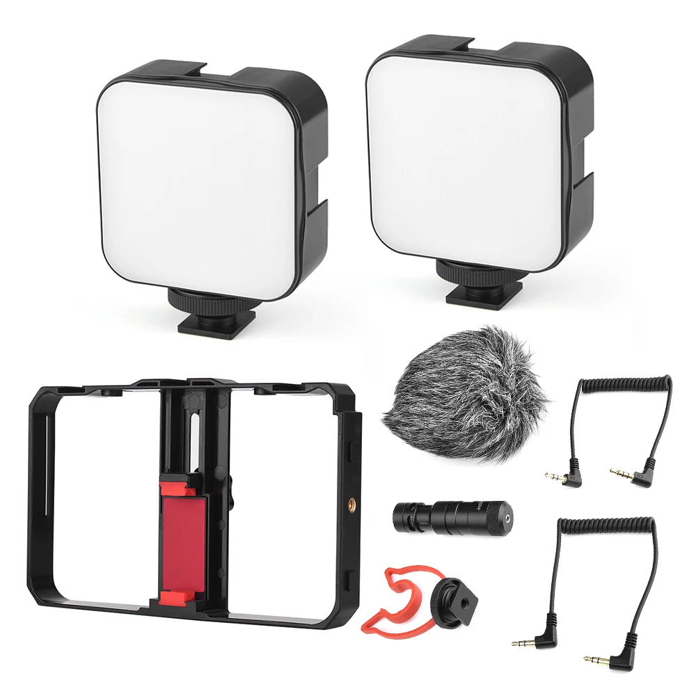 

Andoer Smartphone Video Cage Kit with Mini LED Fill Lights Microphone Shock Mount Wind Screen for Phone Video Live Streaming
