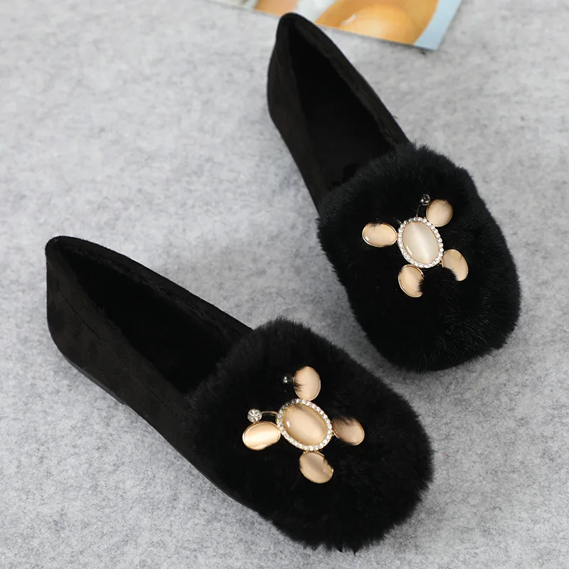 MVVJKErabbit fur shoes Women's Ballet flock strass oversized winter slippers Slip on women's sandals shoesE064 | Обувь