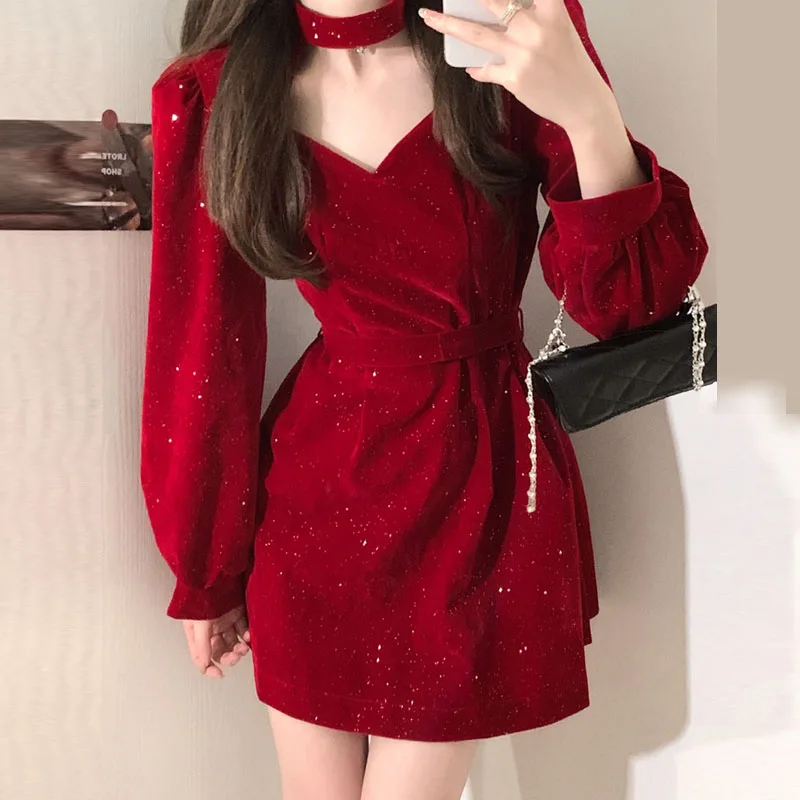 

Red Christmas New Year Party Velvet Dress Women Chic Korea French Design Style Sexy Hollow Out Slim Date Girls Feminine Vesti
