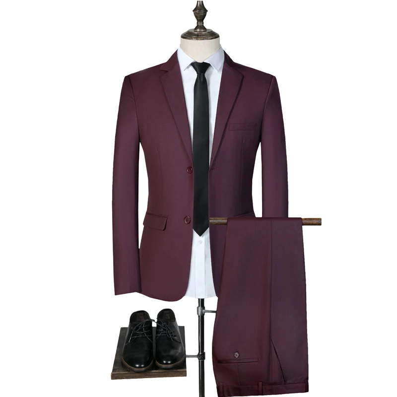 

2Pcs Solid Color Suits Men Long Sleeve Lapel Collar Blazer (Jacket+Pants) Suit for Men Wedding Busniess Suits Set costumes homme