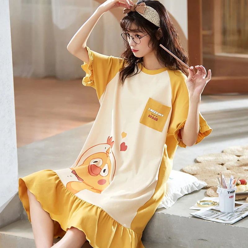 

Women Nightgowns Cotton Summer Nightdress Cute Cartoon Nightwear Sweet Princess Short Sleeve Sleepwear Casual Yellow Homewear
