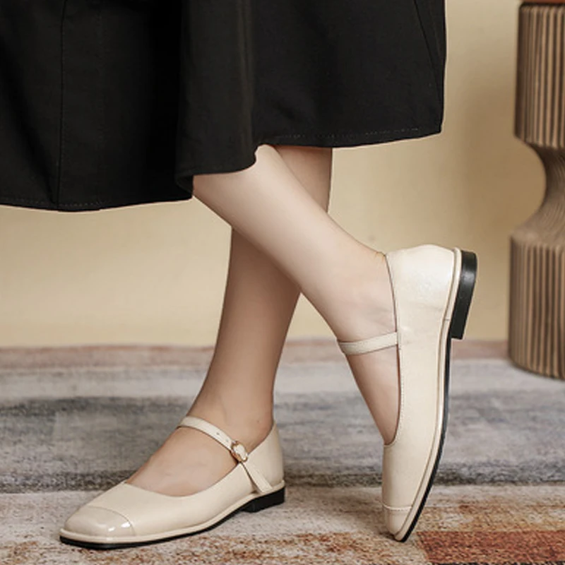 

2021 Ladies Flat Shoes Leather Square Toe Mary Jane Females Single Shoes British style Shallow Mouth Womens Casual Shoes
