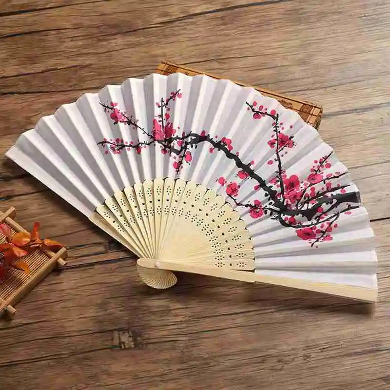 

1PC Retro Japanese Style Silk Bamboo Folding Fan Home Decoration Ornaments Floral Painting Hand Held Fans Dance Party