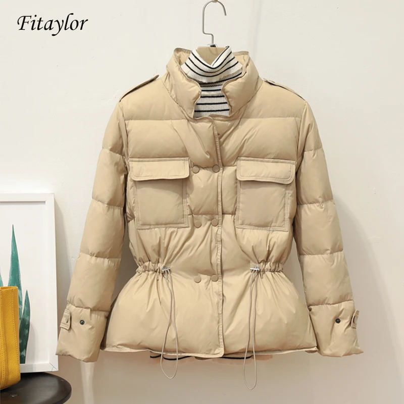 Fitaylor, новинка, зимний ультра легкий пуховик, женский, тонкий, белый, утиный пух, пальто, парки, женский, теплый, пояс, завязывается, верхняя одежда