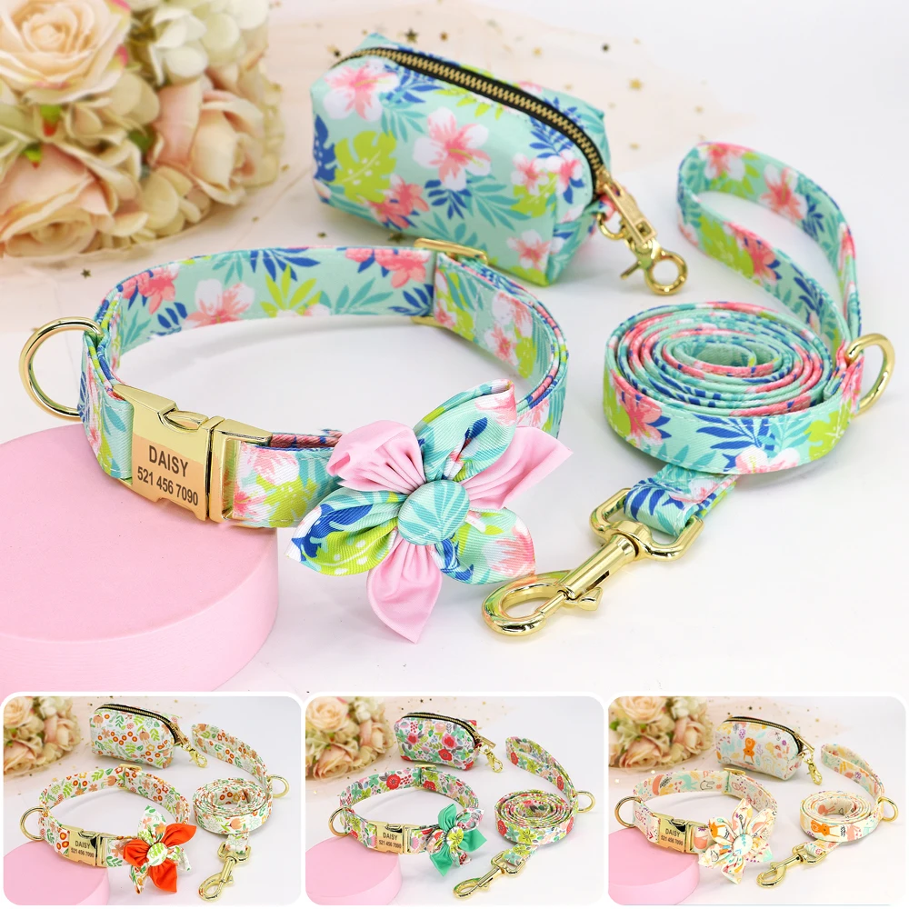 

Personalized Dog Collar With Leash Garbage Bag Nylon Customized Dogs ID Collars Pet Lead Belt With Poop Bag Flower Print Pug