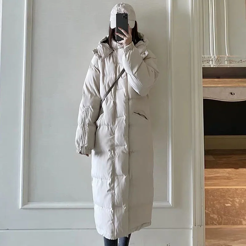 

Winter Women's New Loose Large Size Over the Knee Long Thick Padded Coat Was Thinner Hooded Padded Jacket Woman Parkas