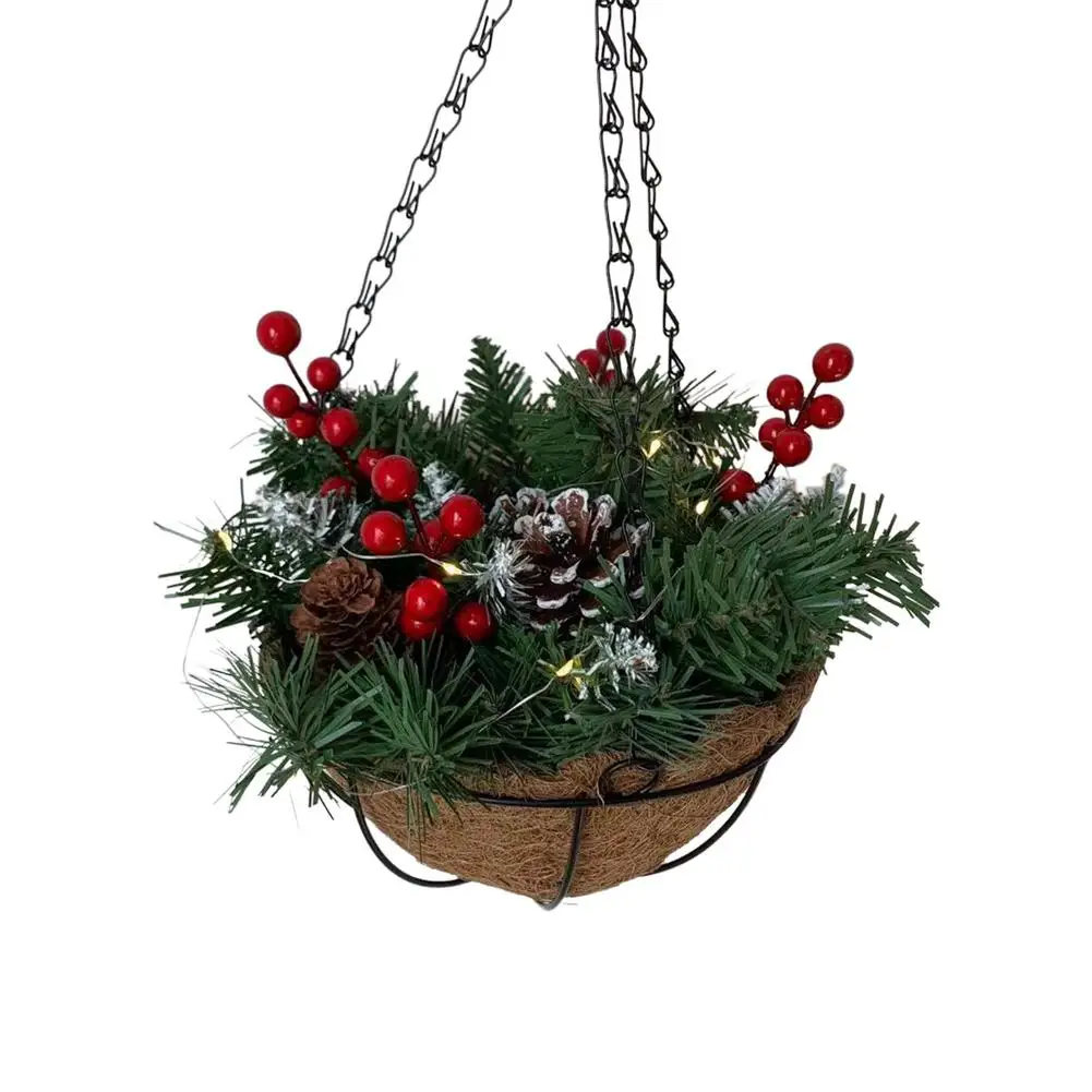 

Предварительно подсвеченные искусственные рождественские подвесные корзины, ягоды и сосновые конусы, кластеры ягод светодиодный ные огни,...