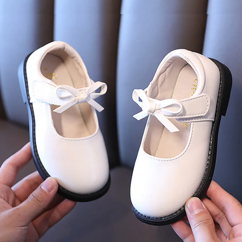 

Korean Children's White Black Princess Leather Shoes For Little Girls British Style Bow Flat Performance Dress Single Shoes New