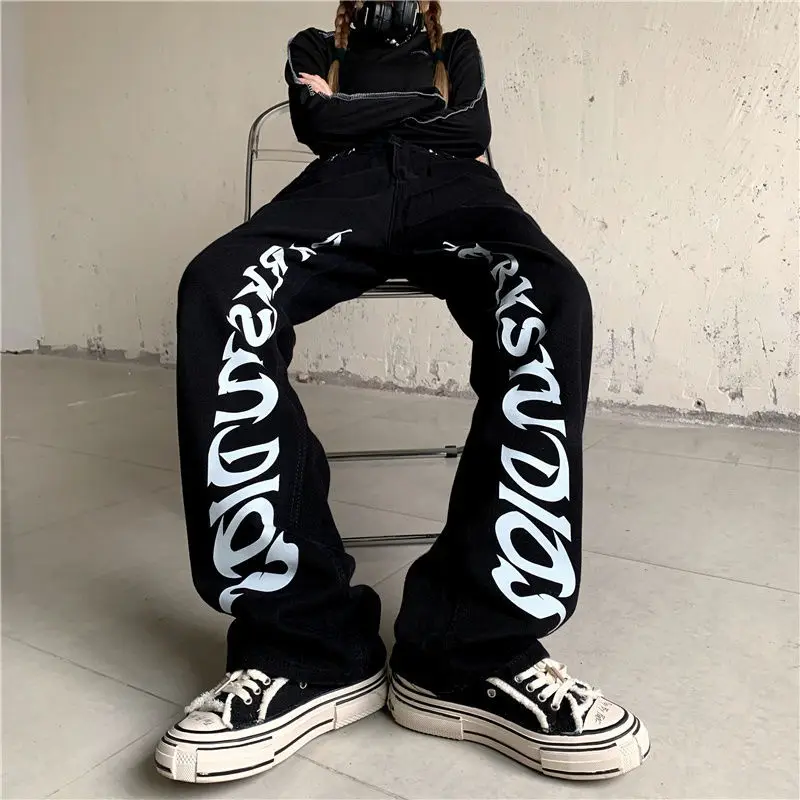 

2021 black jeans High Street retro high waisted drag pants Hip hop jeans skateboard pants womens jeans y2k jeans baggy jeans
