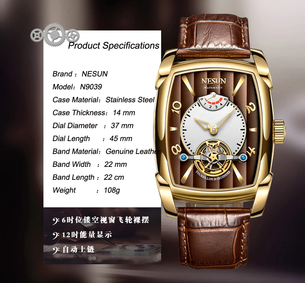 Автоматические механические часы Nesun Tourbillion, часы со скелетом, мужские роскошные Брендовые мужские часы, водонепроницаемые, relogio masculino N9039-3
