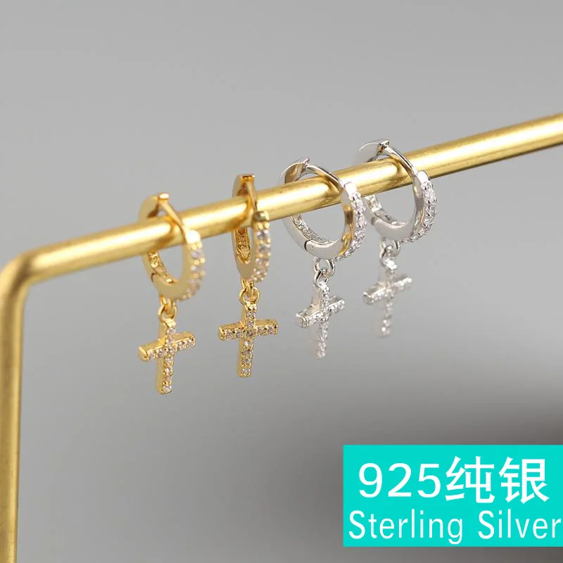 

and the United States cross-border luxury ear clip INS S925 pure silver cross wind set auger ear clip silver earrings